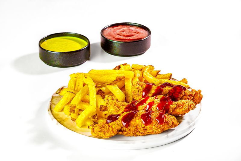 Buffalo Tender Basket with fries and dipping sauce